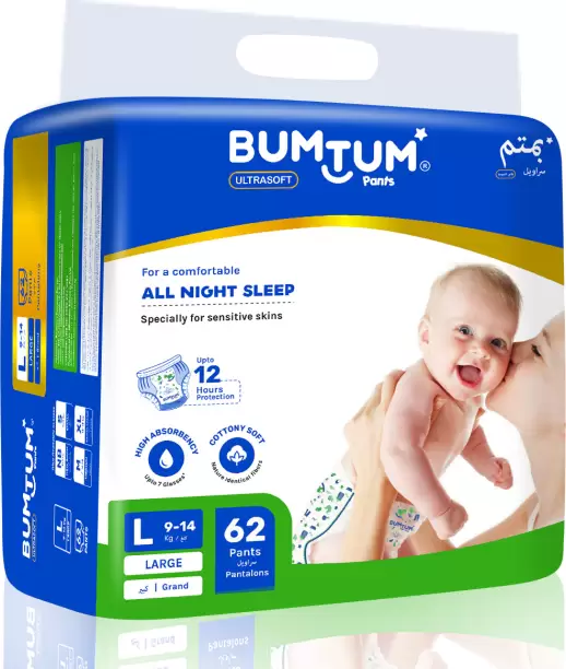 BUMTUM Baby Diaper Pants Double Layer Leakage Protection High Absorb Technology - L  (62 Pieces)